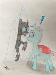 Size: 3024x4032 | Tagged: safe, artist:opti, ocellus, changedling, changeling, g4, atg 2022, butt, crystal, exclamation point, female, hissing, newbie artist training grounds, plot, reflection, scared, traditional art