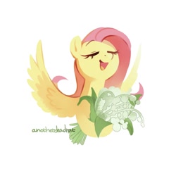 Size: 1000x1000 | Tagged: safe, artist:anotherdeadrat, fluttershy, pegasus, pony, g4, bouquet, cute, daaaaaaaaaaaw, eyes closed, female, flower, hoof hold, mare, open mouth, shyabetes, simple background, solo, white background