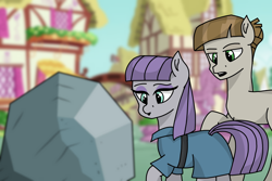 Size: 1500x1000 | Tagged: safe, maud pie, mudbriar, tom, earth pony, pony, g4, atg 2022, butt, distracted boyfriend meme, female, male, mare, meme, newbie artist training grounds, plot, rock, stallion, that pony sure does love rocks, trio