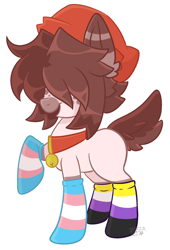 Size: 1254x1839 | Tagged: safe, artist:greeddeer, artist:loopdalamb, oc, oc only, oc:buttercup, earth pony, pony, beanie, bell, bell collar, clothes, collar, deer tail, earth pony oc, hair over eyes, hat, nonbinary, open mouth, open smile, pride flag, pride socks, raised hoof, simple background, smiling, socks, solo, striped socks, tail, transgender, transparent background