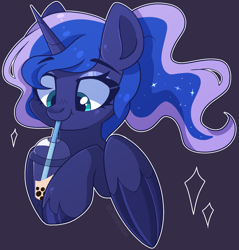 Size: 1581x1651 | Tagged: safe, artist:cinnamontee, princess luna, alicorn, pony, g4, alternate hairstyle, bubble tea, bust, cute, drinking, drinking straw, female, hoof hold, lunabetes, mare, ponytail, simple background, solo, unshorn fetlocks