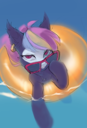 Size: 2219x3240 | Tagged: safe, artist:khvorost162, oc, oc only, pony, alternative cutie mark placement, ear piercing, female, glasses, high res, inner thigh cutie mark, looking at you, piercing, solo, summer, swimming