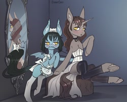 Size: 1200x960 | Tagged: safe, artist:lunarlacepony, oc, oc only, oc:lunar lace, oc:silver bubbles, pony, undead, unicorn, vampire, vampony, :3, bat wings, clothes, corset, duo, female, femboy, maid, male, mirror, no reflection, reflection, wings