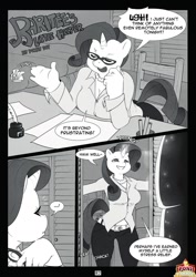 Size: 1087x1537 | Tagged: safe, artist:pokey dot, rarity, unicorn, anthro, art pack:poni parade, comic:raritee's little helper, g4, 2013, breasts, busty rarity, clothes, comic, eyes closed, female, glasses, gloves, monochrome, old art, open mouth, solo, speech bubble