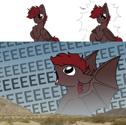 Size: 1257x1247 | Tagged: safe, artist:mariashek, oc, oc only, oc:hardy, alicorn, bat pony, pony, alicorn oc, bat ponified, big enough, chest fluff, eeee, horn, male, meme, open mouth, ponified meme, race swap, screaming, solo, wings