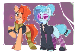 Size: 1619x1166 | Tagged: safe, artist:rexyseven, oc, oc only, oc:rusty gears, oc:whispy slippers, earth pony, pony, alternate hairstyle, bandana, clothes, duo, ear piercing, earring, eye clipping through hair, female, freckles, glasses, jacket, jewelry, lidded eyes, looking at you, mare, one eye closed, piercing, pointing at you, punk, raised hoof, sharp teeth, slippers, socks, striped socks, teeth, wink, winking at you