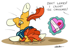 Size: 1024x695 | Tagged: safe, artist:bobthedalek, sunburst, pony, unicorn, g4, atg 2022, coat markings, face down ass up, faceplant, heart shaped box, implied shipping, implied starburst, implied starlight glimmer, implied straight, magic, male, newbie artist training grounds, offscreen character, oof, ouch, priorities, simple background, skewed priorities, socks (coat markings), solo, stallion, white background