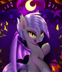 Size: 1714x1963 | Tagged: safe, artist:darksly, oc, oc only, oc:midnight blossom, bat pony, pony, bat pony oc, bedroom eyes, body pillow, body pillow design, commission, cute, eyeshadow, fangs, female, makeup, mare, open mouth, solo