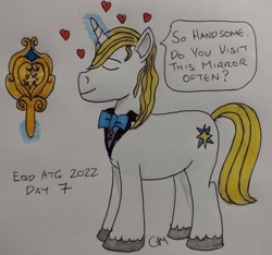 Size: 2786x2606 | Tagged: safe, artist:rapidsnap, prince blueblood, pony, unicorn, g4, atg 2022, eyes closed, heart, high res, male, mirror, newbie artist training grounds, simple background, smug, solo, stallion, traditional art, white background