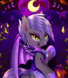 Size: 1714x1963 | Tagged: safe, alternate version, artist:darksly, oc, oc only, oc:midnight blossom, bat pony, pony, armor, bat pony oc, bedroom eyes, body pillow, body pillow design, commission, cute, eyeshadow, fangs, female, guardsmare, hoof shoes, looking back, makeup, mare, royal guard, solo