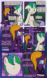 Size: 1920x3168 | Tagged: safe, artist:alexdti, oc, oc only, oc:purple creativity, oc:star logic, pegasus, pony, unicorn, comic:quest for friendship, blushing, bowtie, clothes, comic, dialogue, dot eyes, dress, duo, ears back, eye contact, faic, glasses, high res, horn, lidded eyes, looking at each other, looking at someone, male, open mouth, open smile, outdoors, pegasus oc, raised hoof, sitting, smiling, speech bubble, stallion, two toned mane, unicorn oc, woll smoth