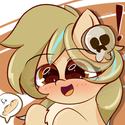 Size: 1500x1500 | Tagged: safe, artist:grithcourage, oc, oc only, oc:grith courage, earth pony, pony, adorable face, blushing, chest fluff, colored pupils, cute, excited, eye clipping through hair, eyebrows, eyebrows visible through hair, female, happy, open mouth, open smile, photo, simple background, skull, skullgirls, smiling, solo, starry eyes, wingding eyes