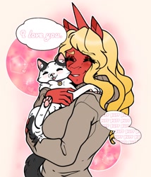 Size: 1500x1750 | Tagged: safe, artist:morgan, oc, oc:scarlet rose, cat, unicorn, anthro, blonde, clothes, eyes closed, hug, love, pet, pet collar, purring, simple background, sweater, thought bubble