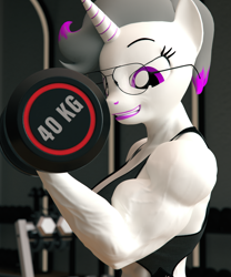 Size: 3000x3600 | Tagged: safe, artist:dashie116, oc, oc only, oc:hazel radiate, unicorn, anthro, 3d, anthro oc, biceps, commission, commissioner:biohazard, eyebrows, eyelashes, female, fetish, glasses, gym, high res, highlights, horn, mare, muscle fetish, muscles, ponytail, purple eyes, smiling, solo, triceps, unicorn oc, vein, weight lifting, weights, ych result