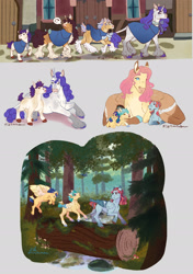 Size: 1757x2494 | Tagged: safe, artist:tofuthebunbun, fluttershy, oc, oc:iris, oc:juniper, oc:rome beauty, oc:spring song, oc:summer winds, oc:sweet blossom, classical unicorn, earth pony, pegasus, pony, unicorn, g4, cape, clothes, cloven hooves, colt, female, filly, fluttermom, foal, forest, horn, leonine tail, log, magical lesbian spawn, male, manehattan, mare, mother and child, mother and daughter, mother and son, offspring, parent:applejack, parent:fluttershy, parent:rainbow dash, parent:rarity, parents:flutterdash, parents:rarijack, siblings, unshorn fetlocks, wing blanket, winghug, wings