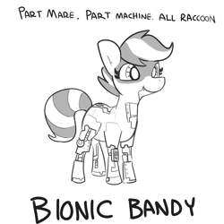 Size: 2250x2250 | Tagged: safe, artist:tjpones, oc, oc only, oc:bandy cyoot, hybrid, pony, raccoon, raccoon pony, robot, robot pony, black and white, female, grayscale, high res, mare, monochrome, simple background, smiling, solo, text, white background