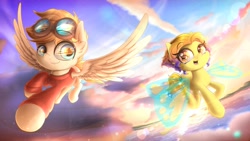 Size: 2000x1124 | Tagged: safe, artist:phoenixrk49, oc, oc only, oc:moth, pegasus, pony, butterfly wings, clothes, cloud, duo, ear fluff, eye clipping through hair, eye reflection, flying, goggles, looking at each other, looking at someone, open mouth, reflection, sky, wings