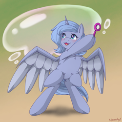 Size: 2048x2048 | Tagged: safe, artist:nanazdina, princess luna, alicorn, pony, bipedal, bubble, bubble wand, commission, cute, daaaaaaaaaaaw, female, filly, foal, happy, ibispaint x, lunabetes, open mouth, open smile, smiling, solo, woona, ych example, ych result, younger