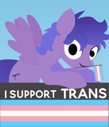 Size: 2259x2644 | Tagged: safe, artist:ponyrailartist, oc, oc only, oc:stargazermap, pegasus, pony, commission, ethereal mane, flag, graveyard of comments, high res, holding a flag, pegasus oc, pride, pride flag, simple background, solo, spread wings, starry mane, text, transgender pride flag, wings, ych result