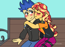 Size: 950x700 | Tagged: safe, artist:theanimatingfanatic, flash sentry, sunset shimmer, human, equestria girls, g4, blushing, cheek kiss, female, kissing, male, ship:flashimmer, shipping, straight