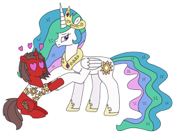 Size: 2952x2250 | Tagged: safe, artist:supahdonarudo, princess celestia, oc, oc:ironyoshi, alicorn, pony, unicorn, g4, :3, atg 2022, celestia is not amused, clothes, heart, heart eyes, high res, holding hooves, newbie artist training grounds, raised hoof, shirt, simple background, transparent background, unamused, wingding eyes