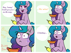 Size: 1600x1200 | Tagged: safe, artist:horsesrnaked, izzy moonbow, pony, unicorn, g5, bing bong, bracelet, comic, curly hair, curly mane, curly tail, dialogue, dialogue box, female, food, glizzy, hooves, hot dog, hot dog and bun, hot dog bun, implied flashback, implied mayonnaise, implied sunny starscout, jewelry, meat, mustard, offscreen character, offscreen female, oh crap, ponies eating meat, ptsd, sauce, sausage, smiling, solo, speech, speech bubble, sweat, tail, talking, vietnam flashback, wide eyes