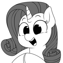 Size: 1080x1080 | Tagged: safe, artist:makaryo, rarity, pony, unicorn, g4, bust, female, grayscale, happy, hooves together, mare, monochrome, open mouth, open smile, simple background, smiling, solo, white background