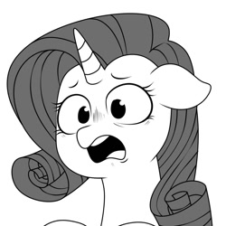 Size: 1080x1080 | Tagged: safe, artist:makaryo, rarity, pony, unicorn, g4, bust, female, floppy ears, frown, grayscale, mare, monochrome, open mouth, shocked, simple background, solo, white background