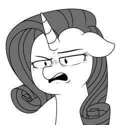 Size: 1080x1080 | Tagged: safe, artist:makaryo, rarity, pony, unicorn, g4, bust, disgusted, female, floppy ears, frown, grayscale, mare, monochrome, narrowed eyes, open mouth, simple background, solo, white background