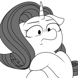 Size: 1080x1080 | Tagged: safe, artist:makaryo, rarity, pony, unicorn, g4, bust, female, floppy ears, frown, grayscale, mare, monochrome, simple background, solo, white background
