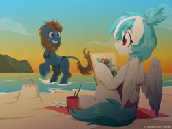 Size: 1600x1200 | Tagged: safe, artist:willoillo, oc, oc only, oc:starflame, kirin, pegasus, pony, beach, clothes, commission, ocean, sandcastle, sitting, sunset, swimsuit, water