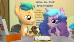 Size: 1920x1080 | Tagged: safe, artist:red4567, hitch trailblazer, izzy moonbow, earth pony, pony, unicorn, g4, g5, 3d, atg 2022, desk, donut, female, flirting, food, g5 to g4, generation leap, implied moontrail, implied shipping, implied straight, male, mare, newbie artist training grounds, ship:moontrail, shipping, source filmmaker, stallion, straight, that pony sure does love donuts