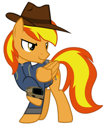 Size: 7231x8649 | Tagged: safe, artist:php170, oc, oc only, oc:firey ratchet, pegasus, pony, 2023 community collab, derpibooru community collaboration, fallout equestria, absurd resolution, clothes, cutie mark, fallout, hat, jumpsuit, male, pipboy, ponytail, simple background, smiling, solo, stallion, tail, transparent background, vault suit, vector, wings