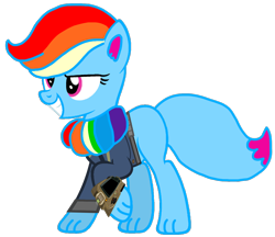 Size: 1210x1045 | Tagged: safe, artist:php170, oc, oc only, oc:rainbow eevee, eevee, fallout equestria, blue body, bracelet, chest fluff, clothes, cute, daaaaaaaaaaaw, eevee pony, fallout, female, horn, jewelry, jumpsuit, looking down, multicolored hair, pink eyes, pipboy, pokémon, rainbow, rainbow hair, simple background, smiling, solo, tail, transparent background, vault suit, vector