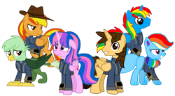 Size: 5459x3008 | Tagged: safe, artist:php170, oc, oc only, oc:ej, oc:firey ratchet, oc:gregory griffin, oc:hsu amity, oc:rainbow eevee, oc:shield wing, alicorn, eevee, griffon, pegasus, pony, amityverse, fallout equestria, all bottled up, g4, :t, absurd resolution, alicorn oc, blue body, bracelet, chest fluff, clothes, cute, cutie mark, daaaaaaaaaaaw, eevee pony, fallout, female, floppy ears, folded wings, full body, glasses, griffon oc, group, happy, hat, horn, jewelry, jumpsuit, looking at you, looking down, male, mare, multicolored hair, multicolored mane, multicolored tail, not twilight sparkle, pink eyes, pipboy, pokémon, ponytail, purple eyes, rainbow, rainbow hair, show accurate, simple background, smiling, smiling at you, solo, stallion, standing, tail, transparent background, vault suit, vector, wings
