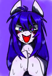 Size: 618x900 | Tagged: safe, artist:stacy_165cut, pony, blushing, female, heart, heart eyes, hooves together, looking at you, mare, open mouth, open smile, purple background, simple background, smiling, smiling at you, solo, sweat, wingding eyes, yandere