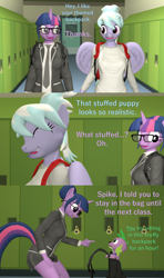 Size: 1920x3240 | Tagged: safe, artist:papadragon69, cloudchaser, sci-twi, spike, spike the regular dog, twilight sparkle, dog, human, pegasus, unicorn, anthro, equestria girls, g4, 3d, backpack, equestria girls ponified, female, glasses, male, source filmmaker, unicorn sci-twi