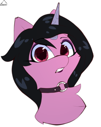 Size: 950x1200 | Tagged: safe, artist:glazirka, izzy moonbow, pony, unicorn, g5, choker, female, goth, goth izzy, looking at you, mare, simple background, solo, white background