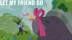 Size: 1280x720 | Tagged: safe, edit, edited screencap, editor:quoterific, screencap, fluttershy, pegasus, pony, tortoise, between dark and dawn, g4, season 9, duo, eyes closed, female, flying, giant tortoise, male, mare, open mouth, spread wings, text, wings, yelling, zaratan