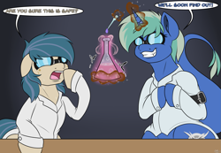 Size: 2315x1600 | Tagged: safe, artist:novaspark, oc, oc only, oc:data stream, oc:nova spark, monster pony, original species, tatzlpony, clothes, goggles, grin, lab coat, potion, science, smiling, this will end in science