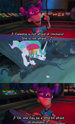 Size: 532x873 | Tagged: safe, princess celestia, alicorn, bird, chicken, human, pony, between dark and dawn, g4, alektorophobia, jimmy neutron: boy genius, sheen estévez