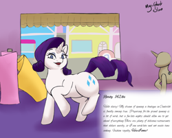 Size: 3593x2894 | Tagged: safe, artist:magicghostslime, rarity, pony, unicorn, series:rarity journey to opulence, g4, boutique, canterlot, diary, female, high res, indoors, open mouth, plump, solo, story included, text, this will end in weight gain, weight gain sequence