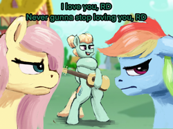 Size: 2732x2048 | Tagged: safe, artist:phutashi, fluttershy, rainbow dash, zephyr breeze, pegasus, pony, g4, acoustic guitar, atg 2022, bipedal, female, fluttershy is not amused, frown, guitar, high res, male, mare, meme, musical instrument, newbie artist training grounds, one sided shipping, ponified meme, rainbow dash is not amused, ship:zephdash, shipping, stallion, straight, unamused, vine, vine video