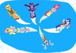 Size: 1280x894 | Tagged: safe, artist:thosekidsnextdoor101, applejack, fluttershy, pinkie pie, rainbow dash, rarity, twilight sparkle, alicorn, earth pony, pegasus, unicorn, anthro, g4, clothes, female, flying, happy, jetpack, leotard, mane six, sky, sky background, twilight sparkle (alicorn)