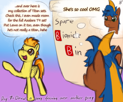 Size: 1200x1000 | Tagged: safe, artist:hiddelgreyk, spitfire, oc, pegasus, pony, g4, atg 2022, bionicle, brown coat, dialogue, dilated pupils, duo, female, lego, looking at someone, male, mare, newbie artist training grounds, pointing, signature, simple background, speech bubble, spitfire's bionicles, stallion, starry eyes, text, 🅱