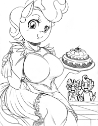 Size: 1500x1935 | Tagged: safe, artist:boastudio, cup cake, pound cake, pumpkin cake, pegasus, unicorn, anthro, g4, breasts, busty cup cake, cake, food, fork, knife, monochrome, open mouth