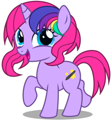 Size: 3090x3330 | Tagged: safe, artist:strategypony, oc, oc only, oc:techy twinkle, pony, unicorn, cute, female, filly, foal, high res, horn, looking back, multicolored mane, ocbetes, raised hoof, simple background, transparent background, unicorn oc, walking, younger