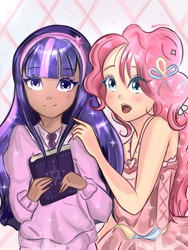 Size: 1536x2048 | Tagged: safe, artist:namieart, pinkie pie, twilight sparkle, human, g4, book, duo, female, humanized, lesbian, open mouth, ship:twinkie, shipping