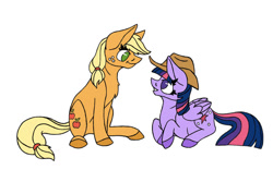 Size: 1080x720 | Tagged: safe, artist:rebepony, applejack, twilight sparkle, alicorn, earth pony, pony, g4, accessory swap, applejack's hat, cowboy hat, duo, female, hat, lesbian, looking at each other, looking at someone, no pupils, ship:twijack, shipping, simple background, twilight sparkle (alicorn), white background