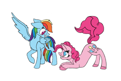 Size: 1080x720 | Tagged: safe, artist:rebepony, pinkie pie, rainbow dash, earth pony, pegasus, pony, g4, duo, face down ass up, female, lesbian, no pupils, one wing out, ship:pinkiedash, shipping, simple background, smiling, white background, wings